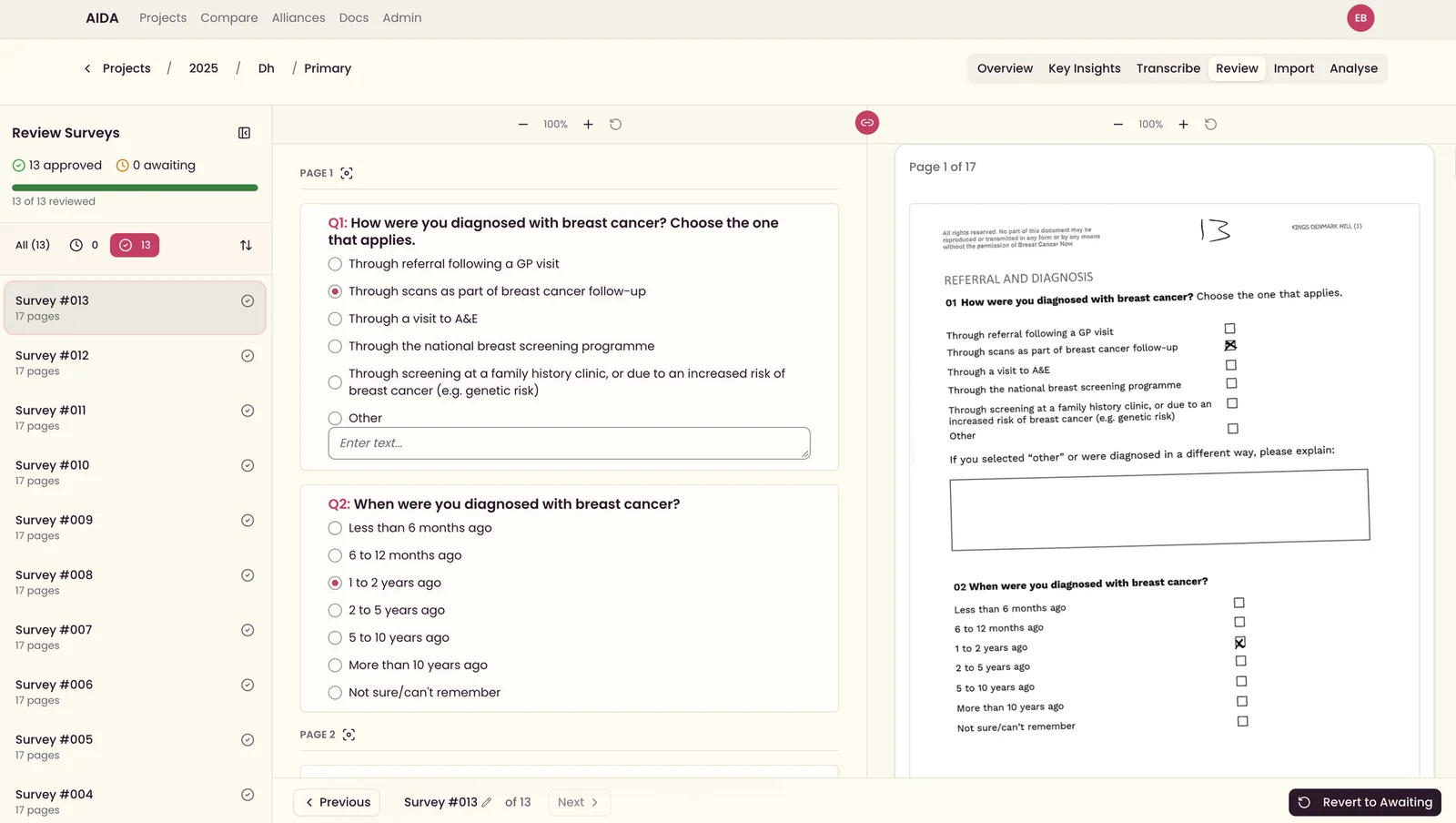AIDA's review screen: a scanned paper survey beside its digital transcription